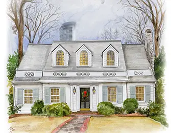 White Dutch Colonial house with gray roof, dormer windows, and wreath on front door.
