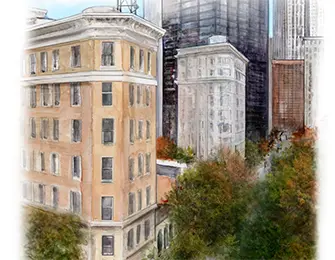 Watercolor painting of a tan apartment building with ornate details next to a white building and