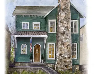 Green house with stone chimney, arched doorway, and American flag