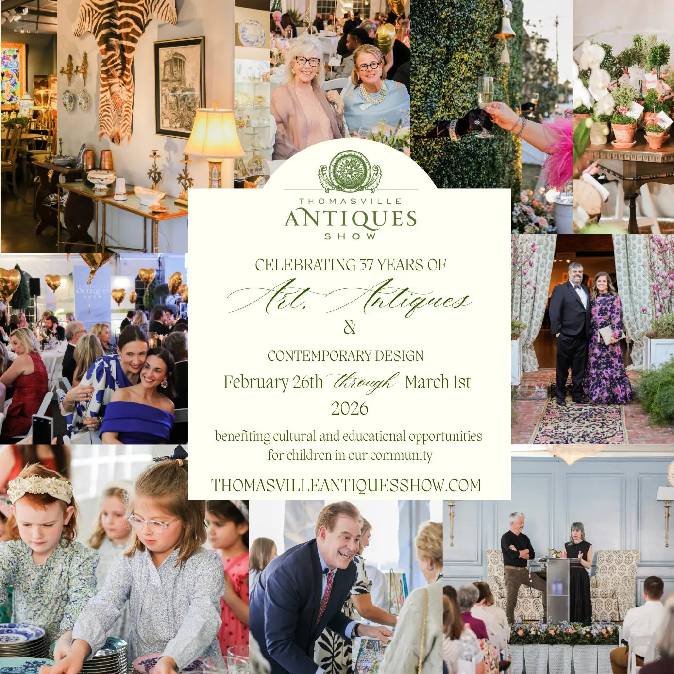 Collage of images from the Thomasville Antiques Show, featuring people, antiques, and event details.