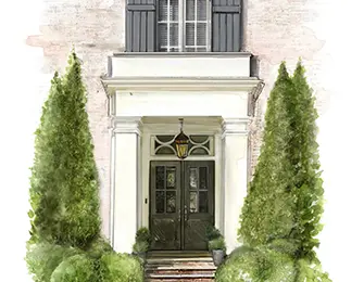 Watercolor illustration of a Georgian-style home entrance with dark green double doors, white columns, and manicured topiaries flanking the steps.