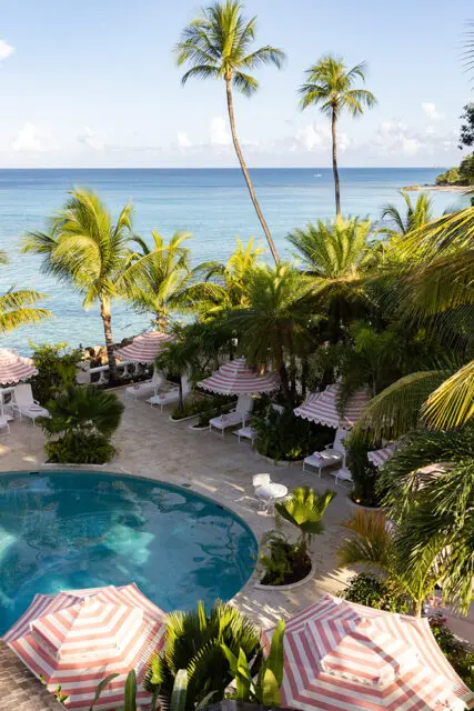 Poolside with pink and white striped umbrellas, lounge chairs, and palm trees overlooking the ocean.