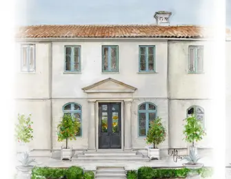 Light stucco house with teal windows and a dark front door, flanked by potted trees.