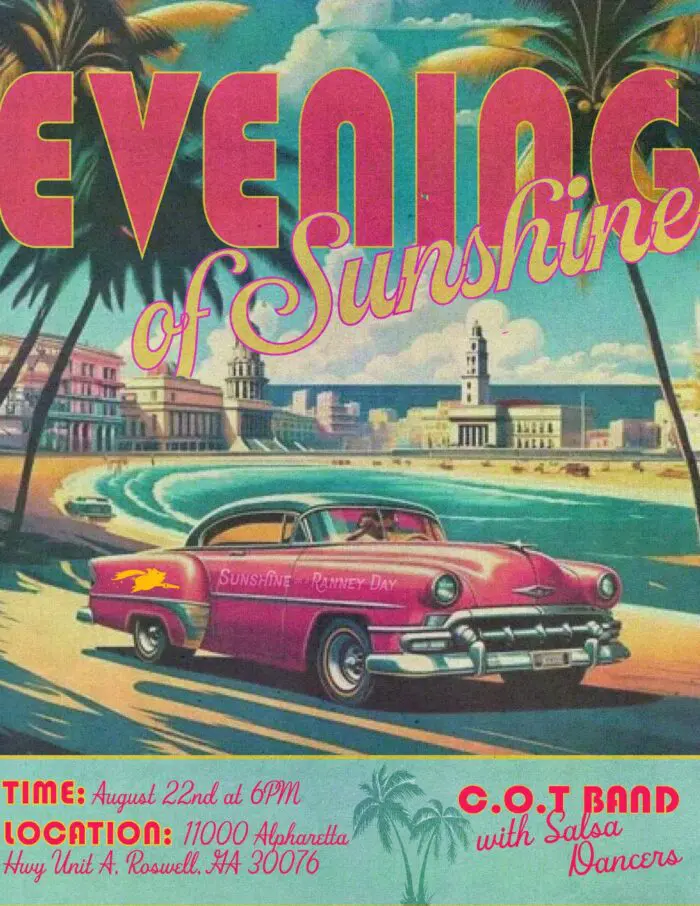Evening of Sunshine event flier with pink car, palm trees, and city skyline. C.O.T. Band with Salsa