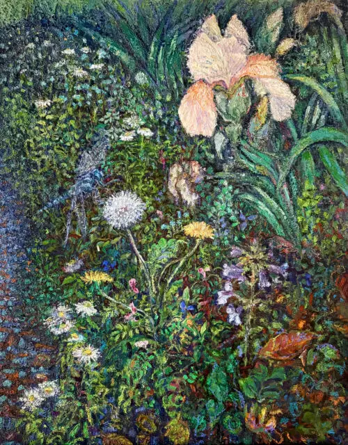 Oil painting of a dense garden with a large pale pink iris, white daisies, yellow flowers, and lush