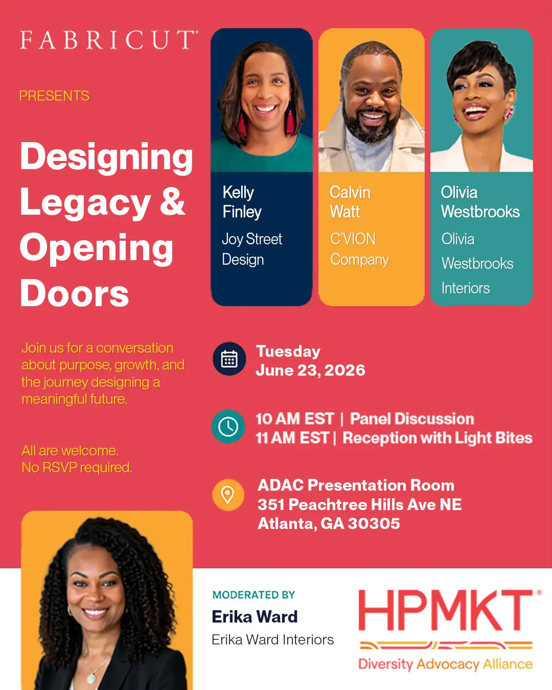 Fabricut Presents Designing Legacy & Opening Doors event flyer with speakers Kelly Finley, Calvin