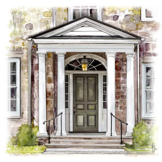 Stone house entrance with white columns, arched transom window, and dark green door.