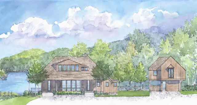Watercolor rendering of a shingle-style house with a lake and wooded hills in the background.
