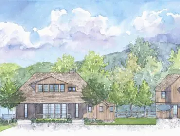 Watercolor rendering of a shingle-style home with a lake and wooded hills in the background.