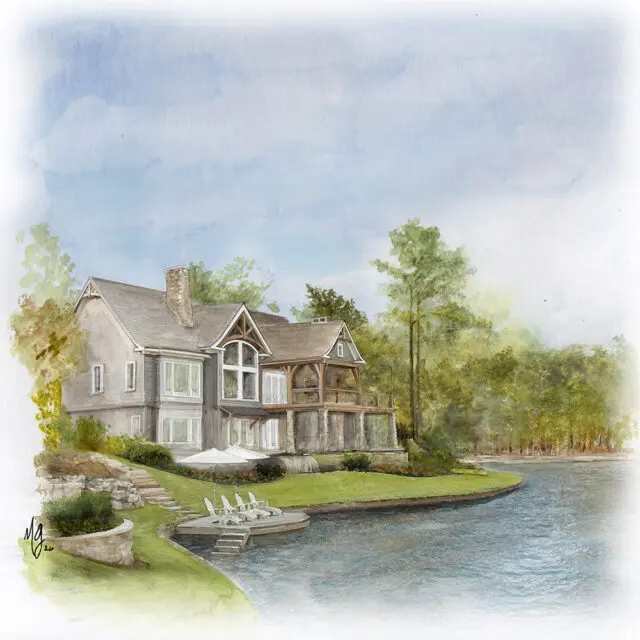 Watercolor painting of a gray lake house with a stone chimney, large windows, and a wooden deck