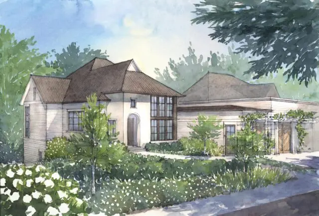 Watercolor rendering of a modern home with white siding, dark roof, and large windows.