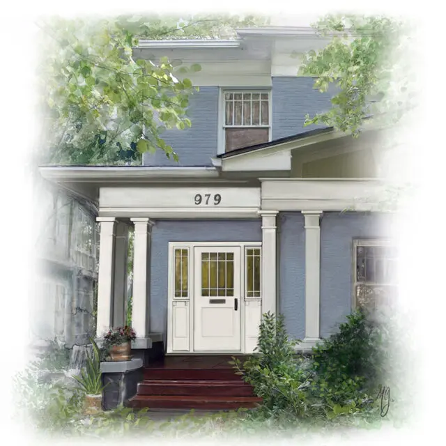 Blue house with white columns and a front porch.