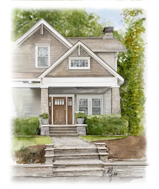 Gray Craftsman-style house with stone accents, front porch, and lush greenery.