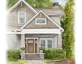 Gray shingle house with a front porch and stone walkway.
