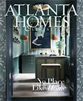 Atlanta Homes & Lifestyles magazine cover featuring a teal-and-gray room.