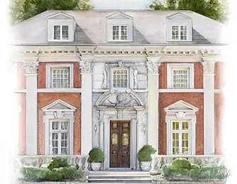 Red brick mansion with white columns and a grand entryway.