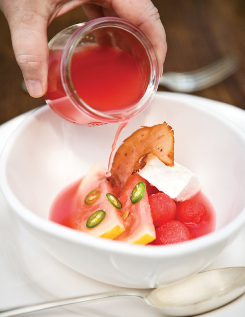 The chefs’ heirloom watermelon and house-cured country ham in cardamom-infused watermelon water.
