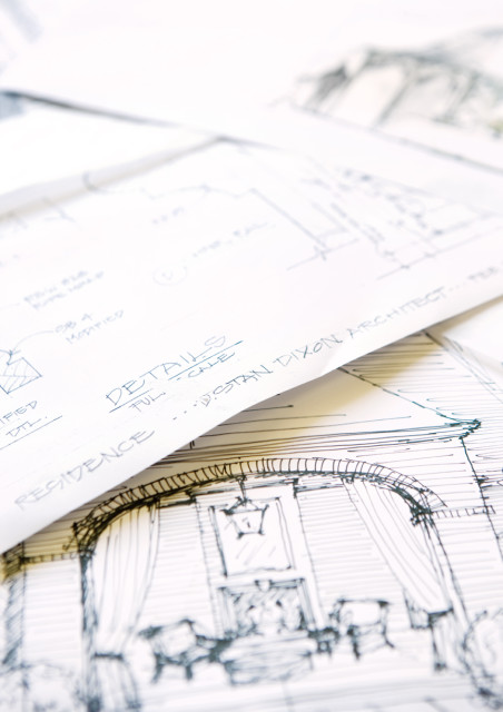Architectural sketches and blueprints with handwritten notes including "DETAILS FULL SCALE" and "STAN DIXON ARCHITECT"