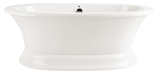 White freestanding bathtub with a wide rim and a flared base, featuring a chrome overflow drain.