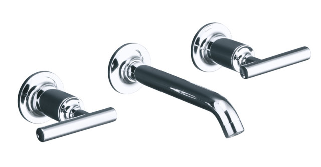 Wall-mounted faucet with chrome finish and black accents, featuring two lever handles and a curved spout.