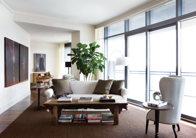 Living room with a white sofa, brown pillows, a rustic wooden coffee table filled with books, and a large fiddle-leaf fig plant next to floor-to-ceiling windows.