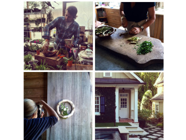 Collage of four images: man making terrarium, person chopping vegetables, woman photographing wreath, and exterior of a house with a pool.
