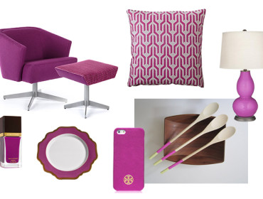 Purple armchair and ottoman, geometric patterned pillow, gourd-shaped lamp, nail polish, decorative plate, phone case, and wooden spoons with pink accents
