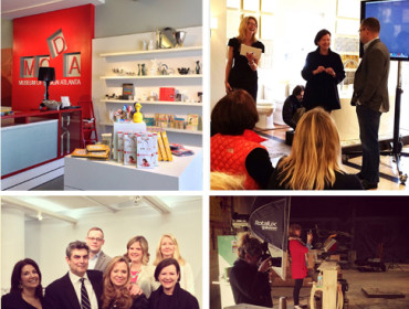 Four images: top left, a retail display with red and white branding for "MODA MUSEUM OF DESIGN ATLANTA"; top right, people in a presentation setting; bottom left, a group of seven people posing for a photo; bottom right, a photography setup with lighting equipment.