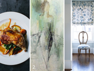 Three images: 1. A plate of roasted chicken with vegetables. 2. An abstract painting with green and white tones. 3. A window with a blue floral Roman shade and an upholstered chair.