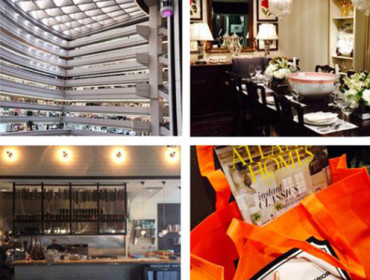 Collage of four images: a multi-story atrium with shops, a formal dining room, a cafe counter, and a magazine with orange shopping bags.
