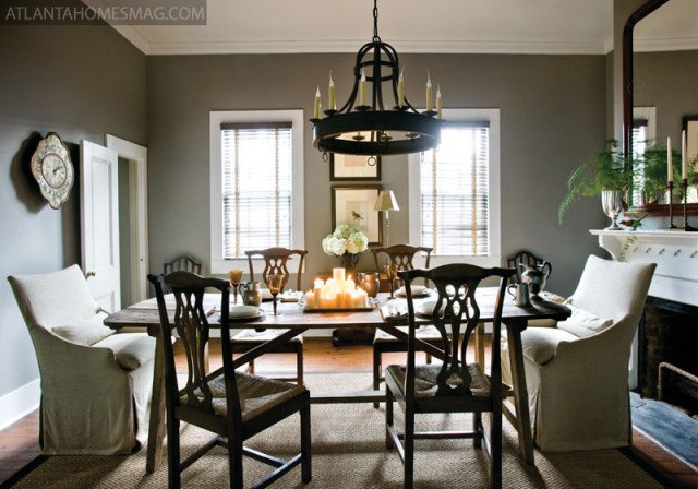 The dining room is one of the most traditional spaces in the Madison home. Its mix of rustic textures and classic lines pays tribute to the sense of history evident throughout, and preserved so avidly in this storied Southern town.