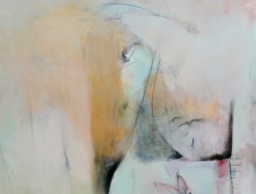 Abstract painting with soft pastel colors, featuring sketched lines and hints of butterflies. Dominant tones include peach, pale yellow, light blue, and white.