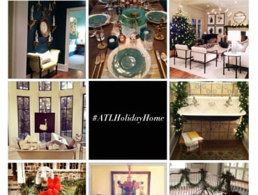 Collage of holiday home interiors and exteriors including a dining table setting, a living room with a Christmas tree, a dog statue with a bow, and a staircase decorated with garland.