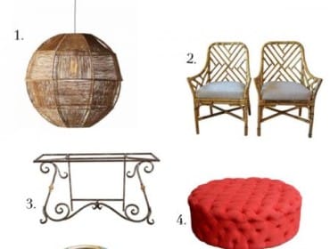 Collage of seven home decor items: a woven pendant light, two bamboo chairs, an ornate console table, a red tufted ottoman, a floral vase, a blue sofa, and a mannequin head with a white sculptural headpiece.