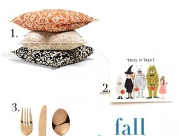 Collection of items labeled 1-5, including stacked patterned pillows, Halloween-themed card, rose gold cutlery, crown-embossed plates, and colorful bracelets with text.