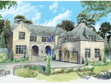 Watercolor rendering of a large stone house with a slate roof, arched entryway, and attached two-car garage, surrounded by trees and landscaping.