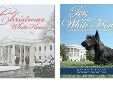 Two book covers featuring the White House. The left cover, "Christmas at the White House," shows the building in snow. The right cover, "Pets at the White House," features a Scottish Terrier in front of the building.