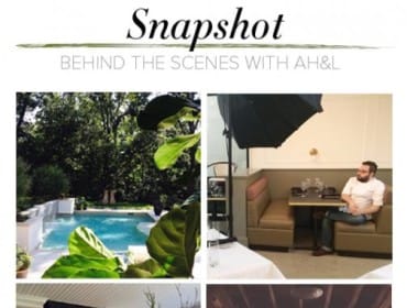 Collage of four images: a backyard swimming pool with lush greenery, a man sitting in a restaurant booth with photography lighting, a kitchen with a large copper range hood and island, and the interior of a wooden barn with double doors.