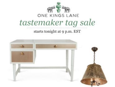 One Kings Lane tastemaker tag sale starts tonight at 9 p.m. EST. Image shows a white desk with gold hardware and a decorative pendant light.