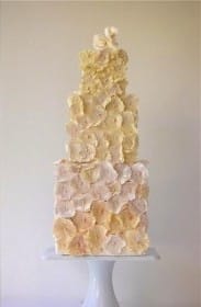 Four-tiered square cake decorated with textured, petal-like fondant in shades of cream and peach, displayed on a white cake stand.