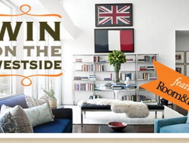 Graphic overlay text 'WIN ON THE WESTSIDE' and orange banner reading 'featuring Room&Board' over a living room with blue sofas, bookshelves, and framed flags.