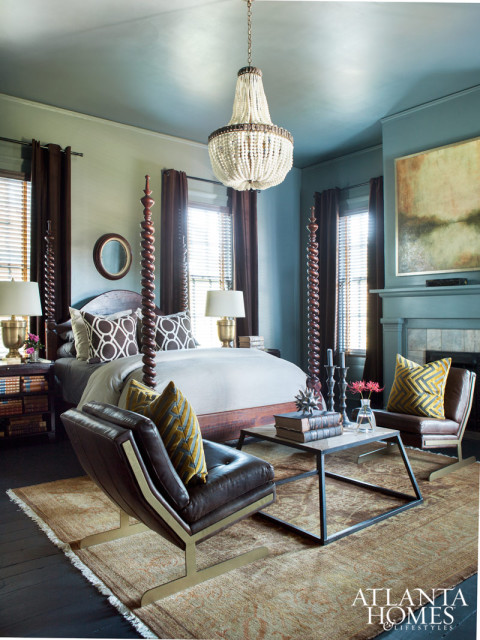The master bedroom is not the biggest bedroom in the house, but it lives large thanks to its barley twist four-poster made of Appalachian wild black cherry.