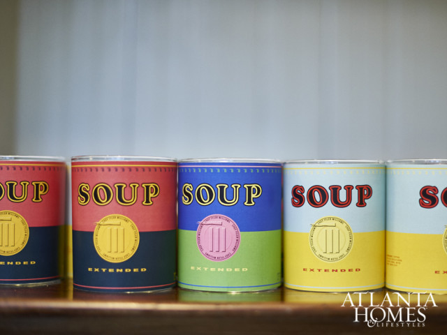 Warhol-inspired soup cans designed by Steven Fant with chef Tyler Williams held individual servings of cioppino with black bass, calamari and fennel.