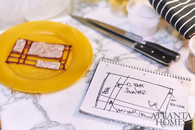 A diagram of the Mondrian-esque terrine informs prep work and ingredient placement.