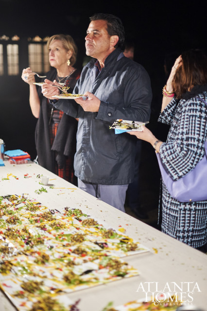 Japko and Boston interior designer Mally Skok enjoy sake and a Pollock-inspired first course outside the Boomershines’ home.