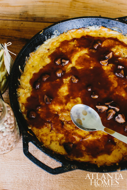 Potato gratin with mushroom gravy.