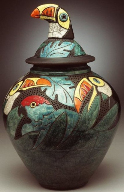 robin rodgers - tropical birds effigy jar - clay