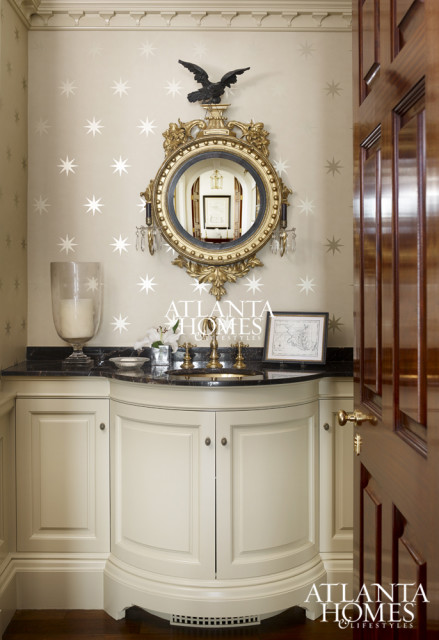 Coronata Star wallpaper by Osborne & Little complements custom cabinetry by William B. Litchfield Design.