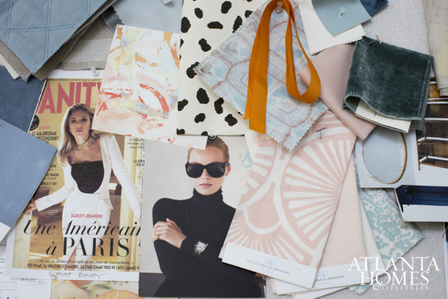 Mood board with fabric swatches, magazine clippings of Scarlett Johansson and a woman in sunglasses, and the Atlanta Homes & Lifestyles logo.