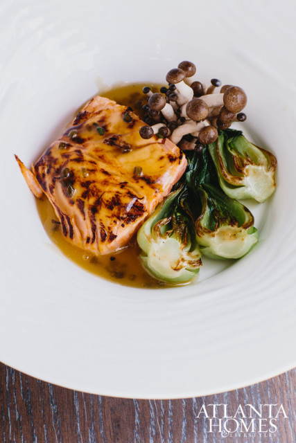 Sake Norwegian salmon, served with caramelized baby bok choy, radish shiitake mushrooms and sake sauce.